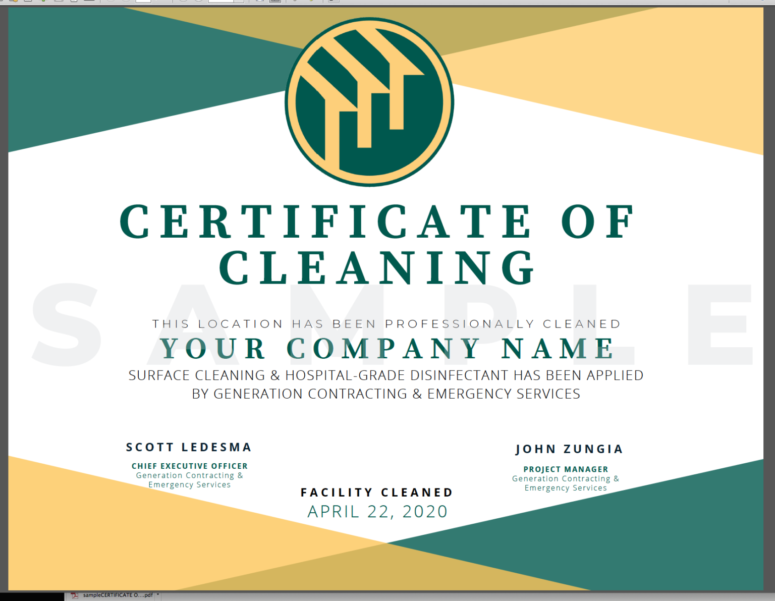 Certificate of COVID Cleaning Generation Contracting